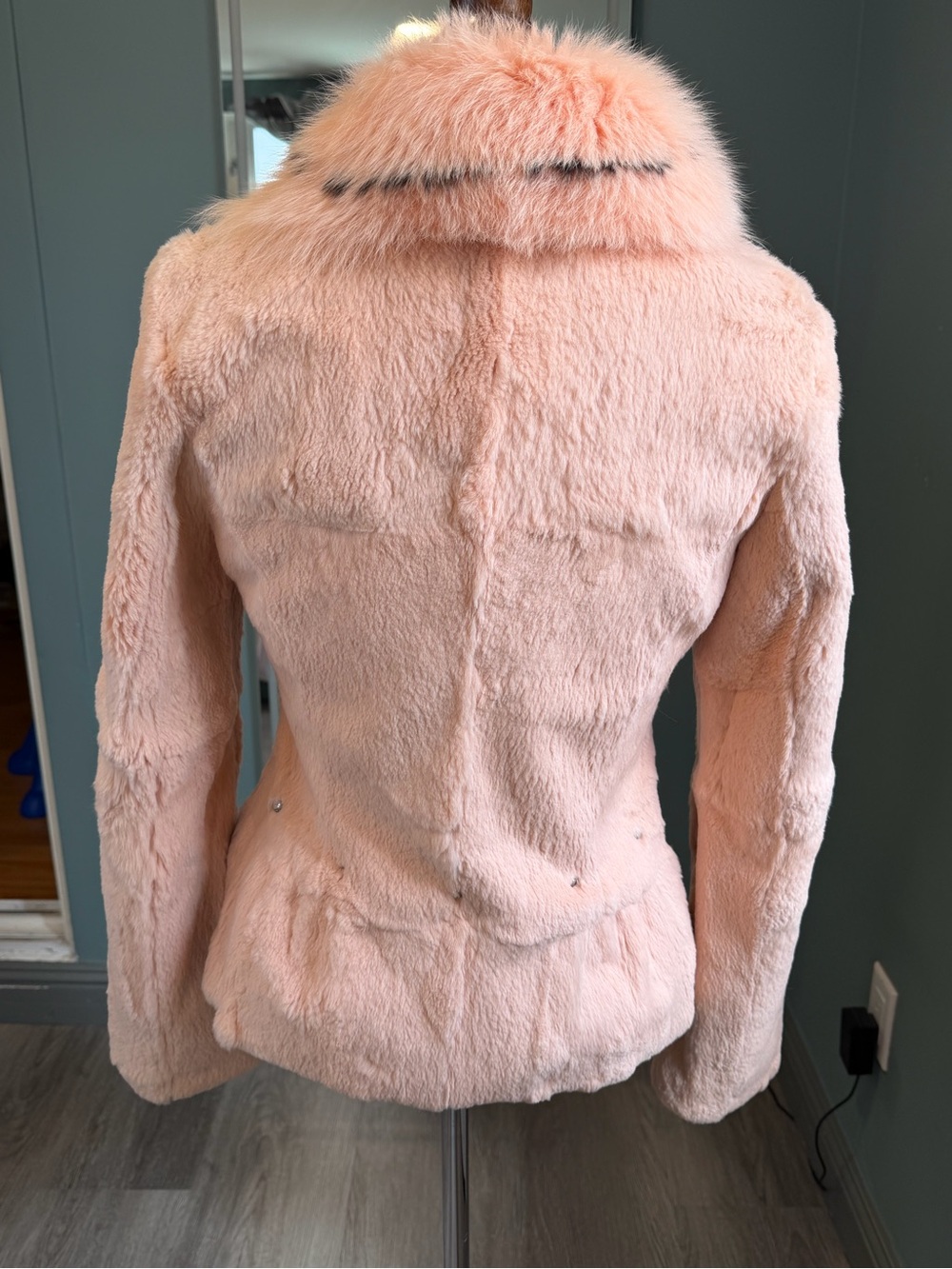 Vintage Pink Rabbit Fur Jacket Extra Long Fox Fur Collar Y2K XS/S - Picture 3 of 8
